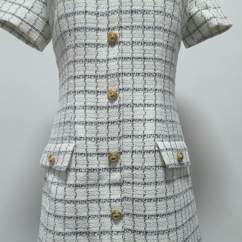 Buttons Check Mini Dress in White