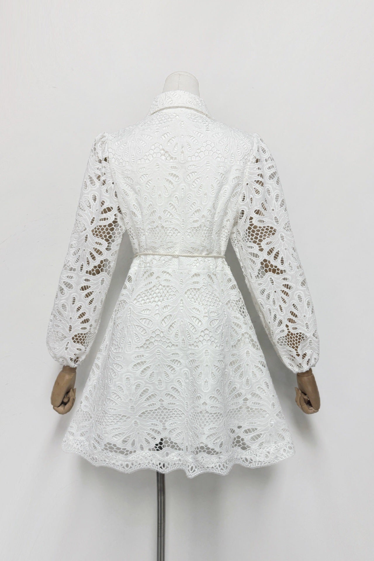 Hollow Embroidery Puff Sleeve Mini Dress in White