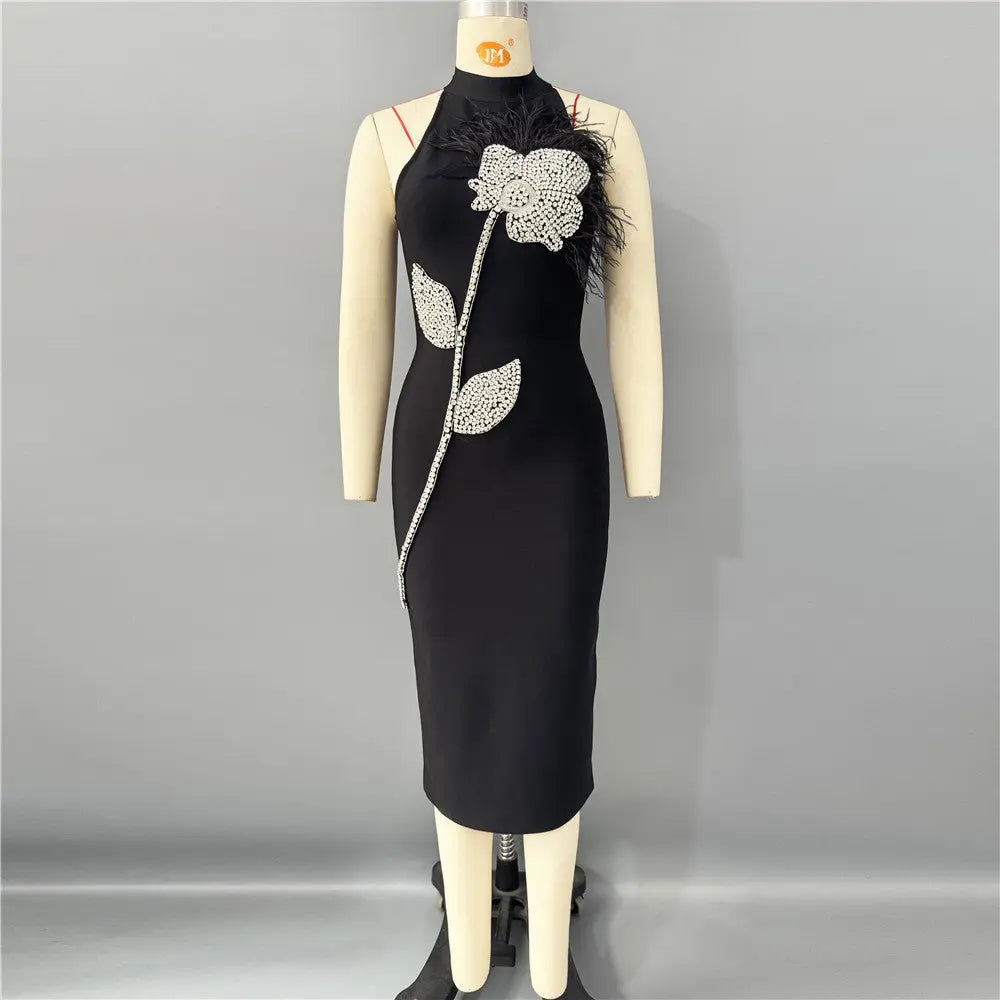 Flower Rhinestone Feather Halter Midi Dress in Black
