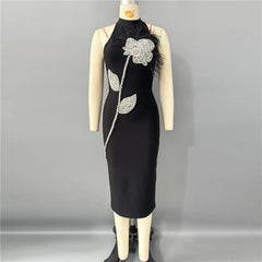 Flower Rhinestone Feather Halter Midi Dress in Black
