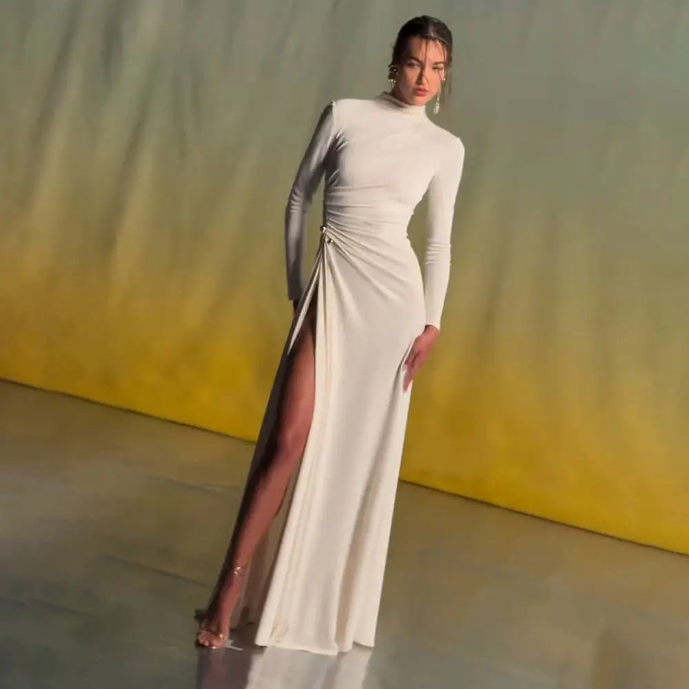 Double Ball Long-Sleeve High-Maxi Dress in White