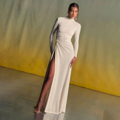 Double Ball Long-Sleeve High-Maxi Dress in White