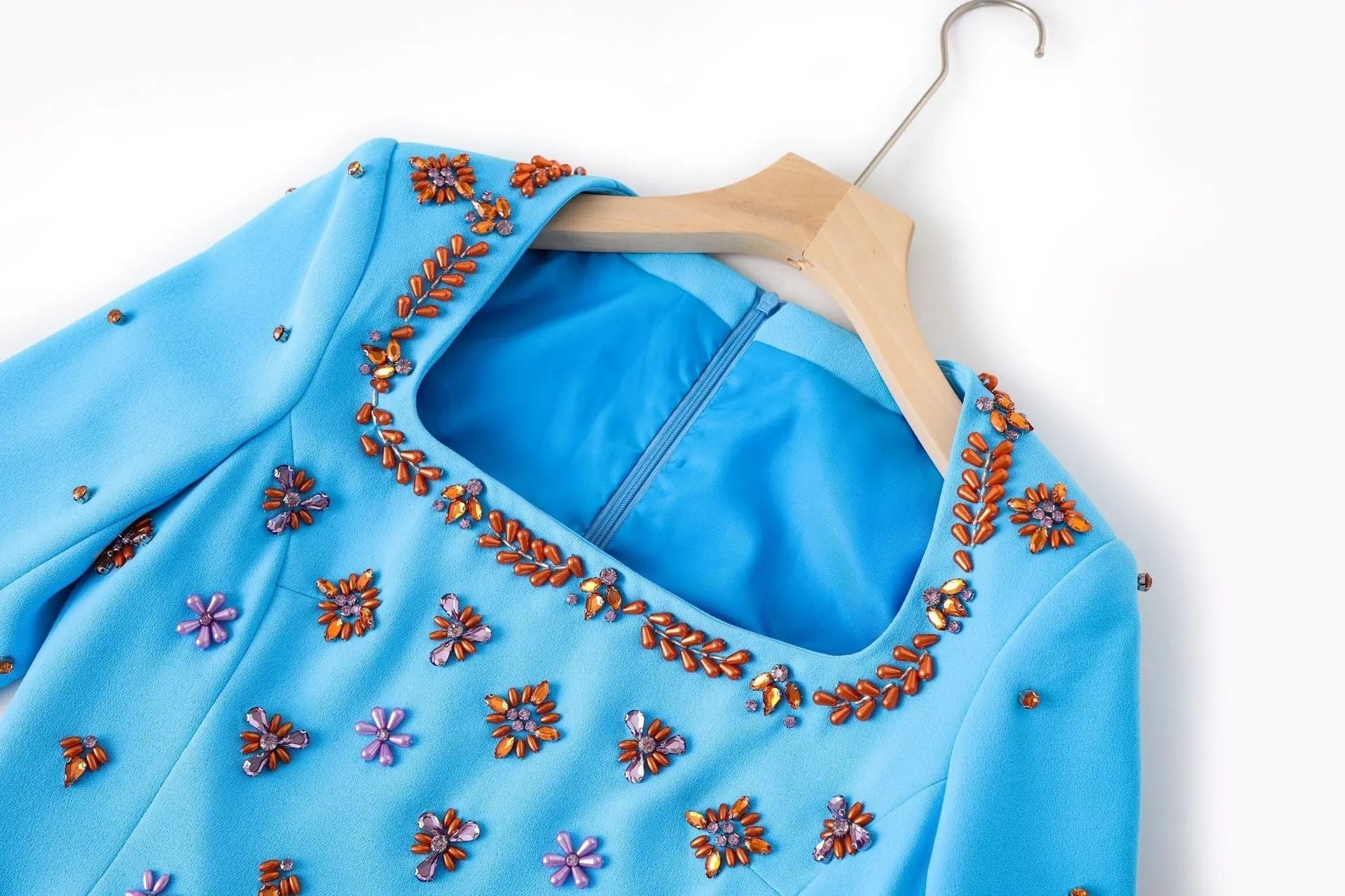 Square Neck Floral Beading Embroidery Maxi Dress in Sky Blue