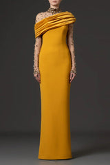 Mesh-Paneled Rhinestone-Embellished Maxi Dress - Yellow