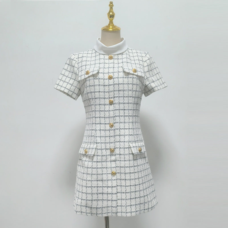 Buttons Check Mini Dress in White
