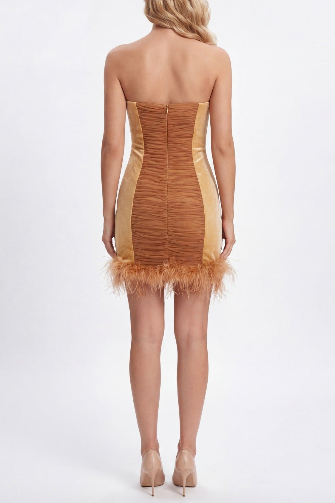 Rhinestone Embellished Feather Mini Dress in Brown