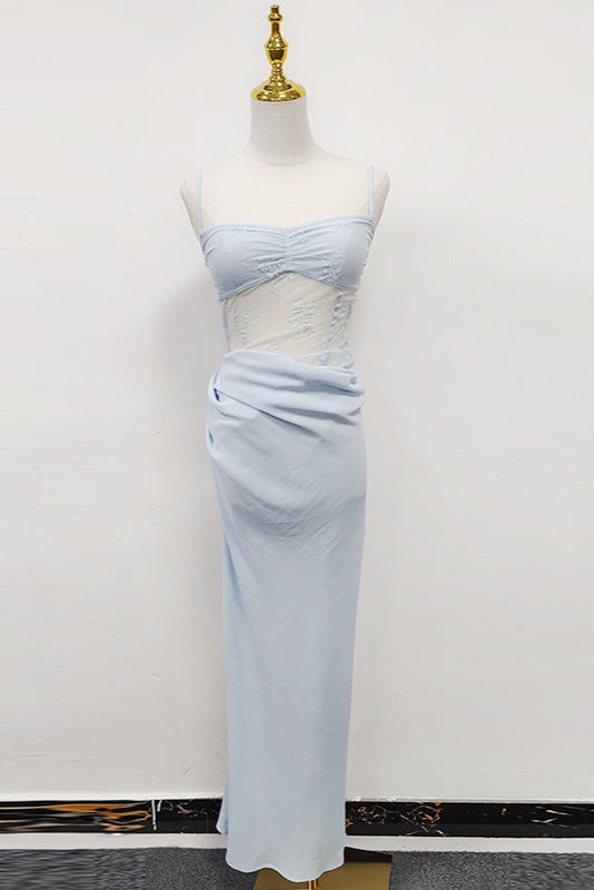 Hollow Suspenders with Ruffles Maxi Dress in Blue