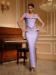 Embellished Square Neck Ruffle Bodycon Maxi Dress - Purple