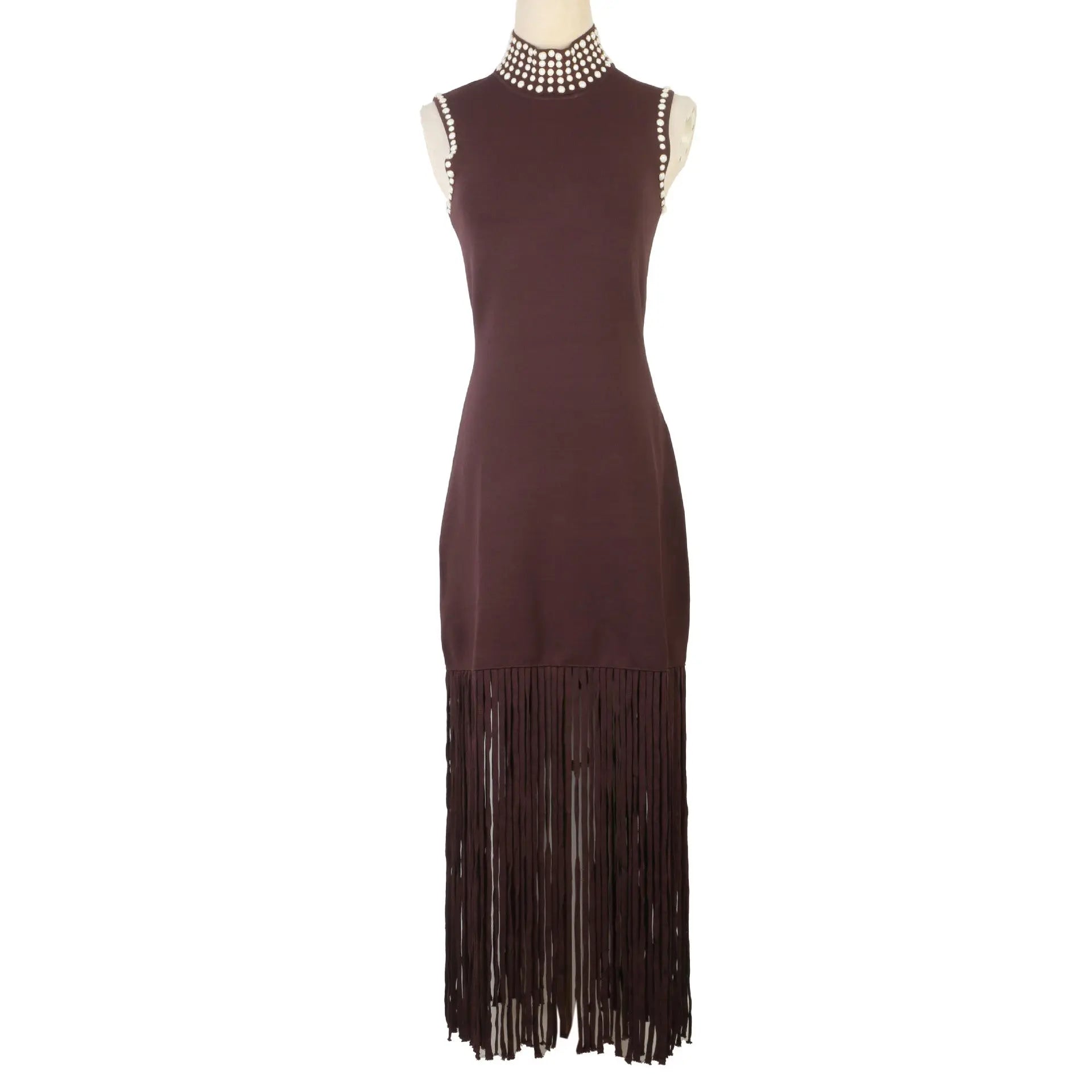 Brown Fringe Knit Embellished Sleevless Midi Dress