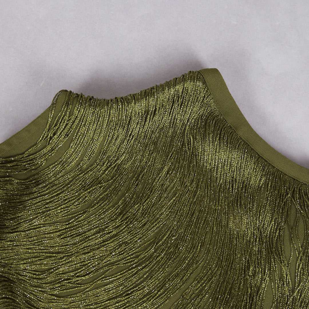 Sleeveless Turtleneck Paneled Top and Satin Skirt Set in Green