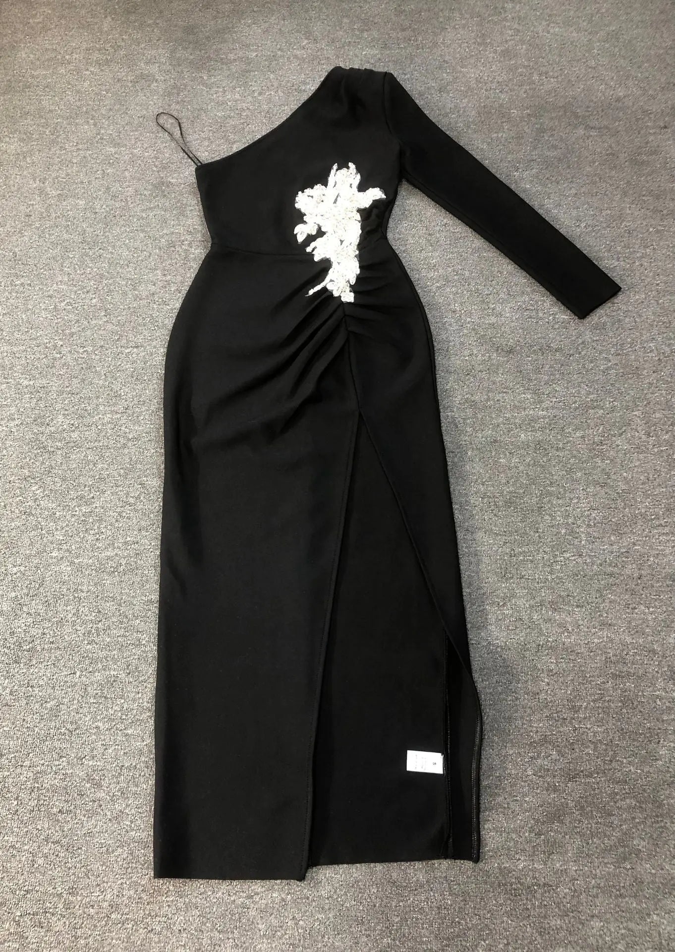One Shoulder Rhinestone Bandage Midi Dress in Black
