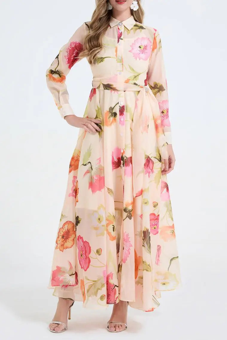 Floral Print Shirt Collar Maxi Dress