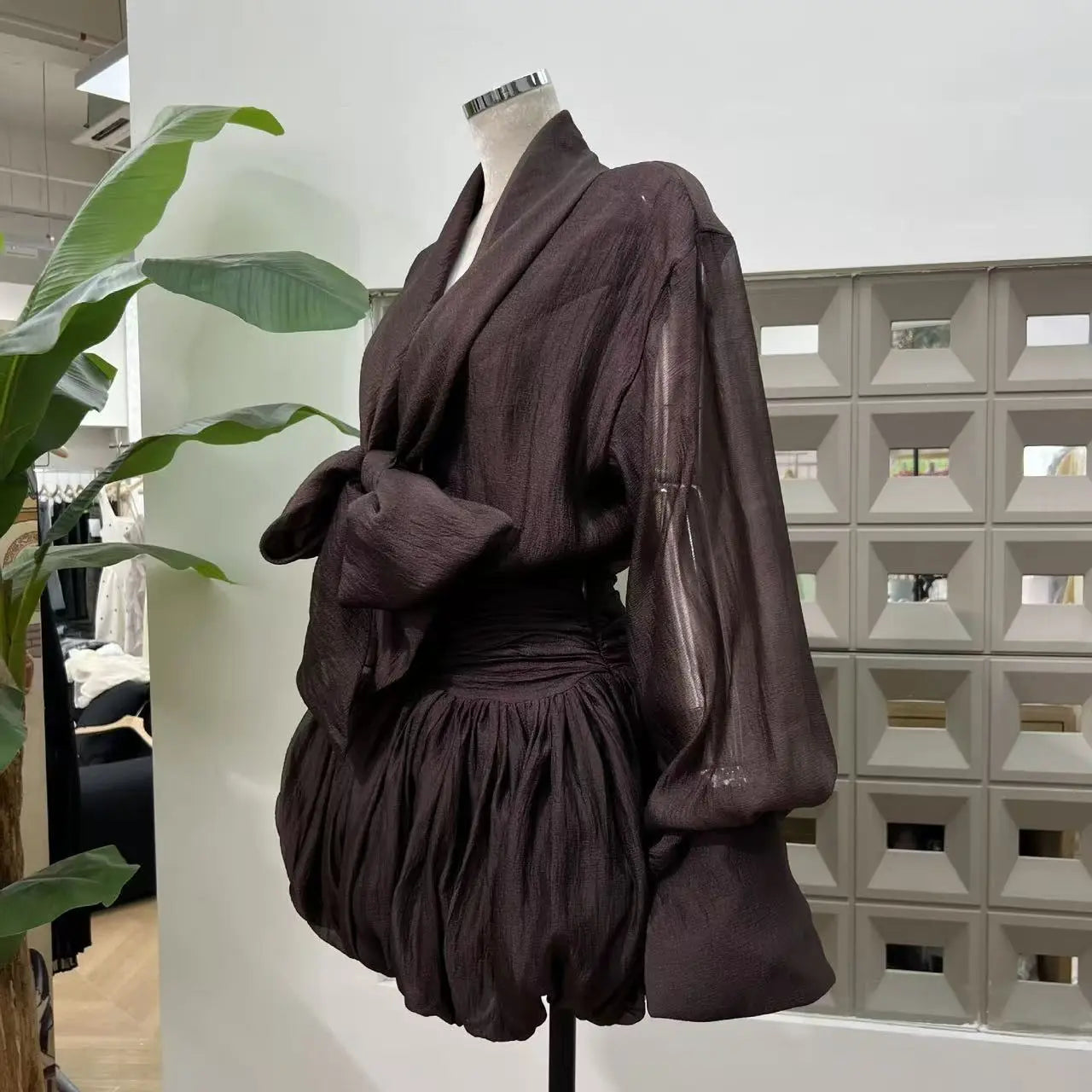 Dark Brown Tie-Neck Mini Shirt Dress