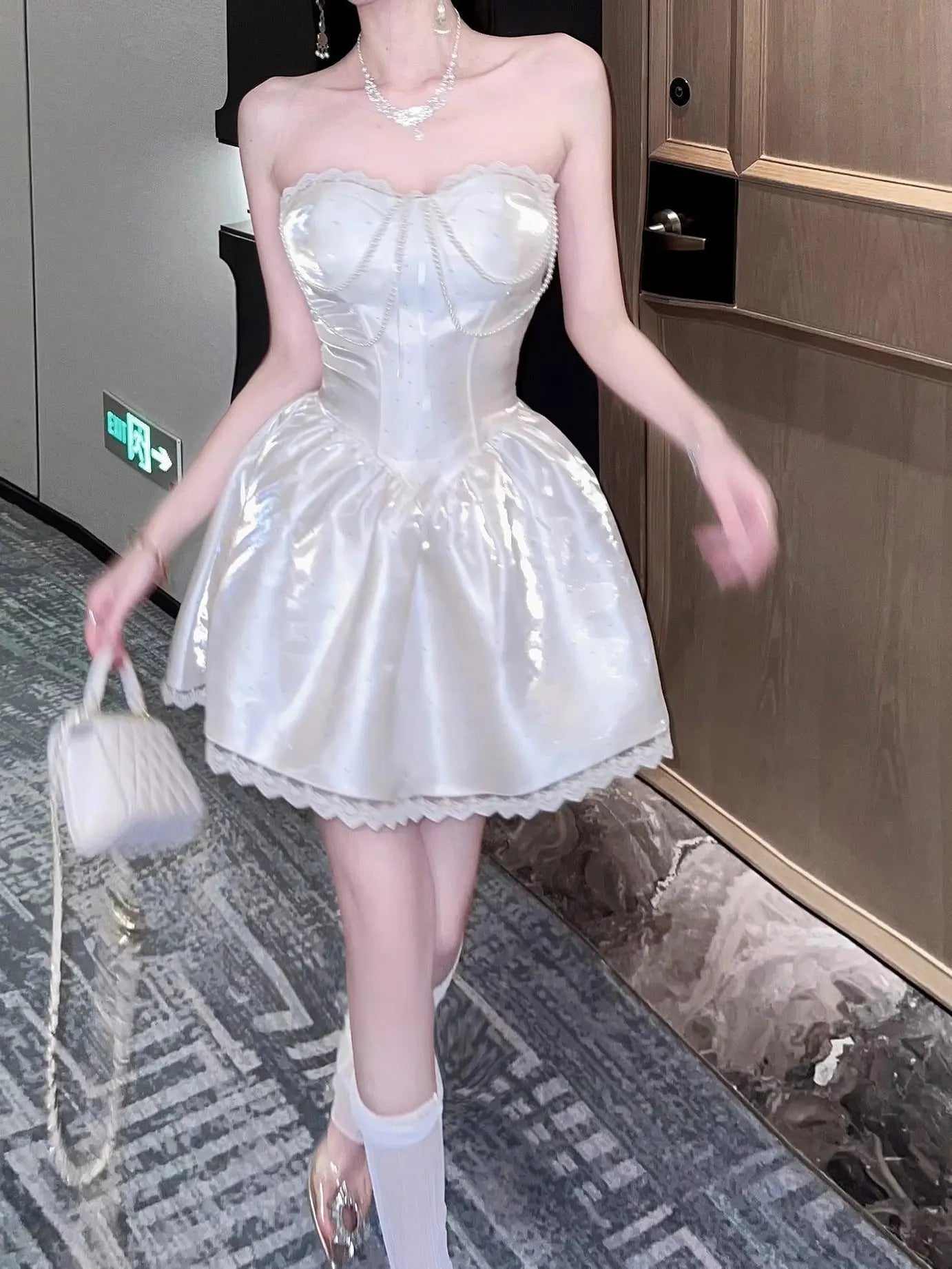 Adele White Sweetheart A-line Satin Mini Dress
