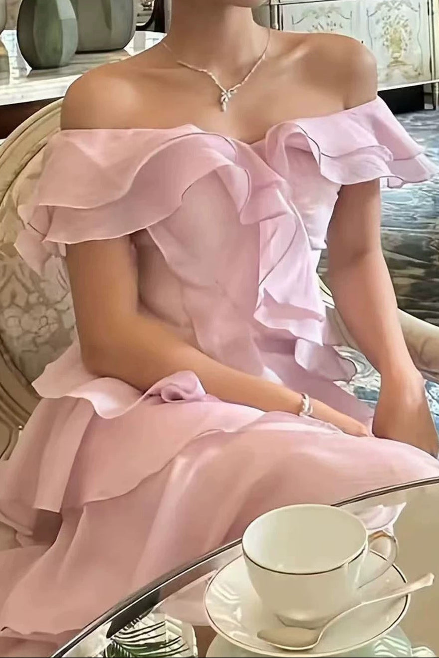 Off Shoulder Ruffled Maxi Evening Dress