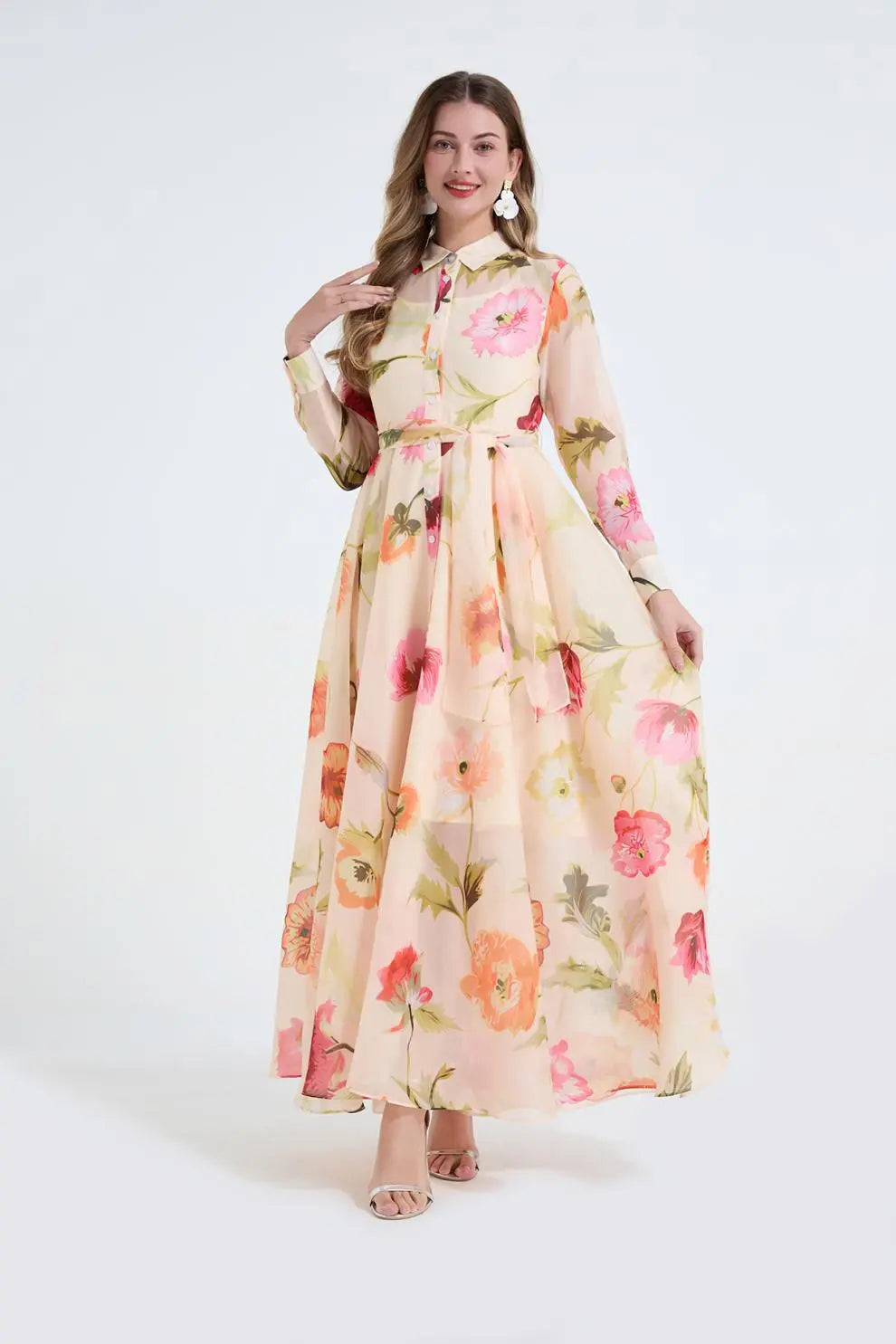 Floral Print Shirt Collar Maxi Dress