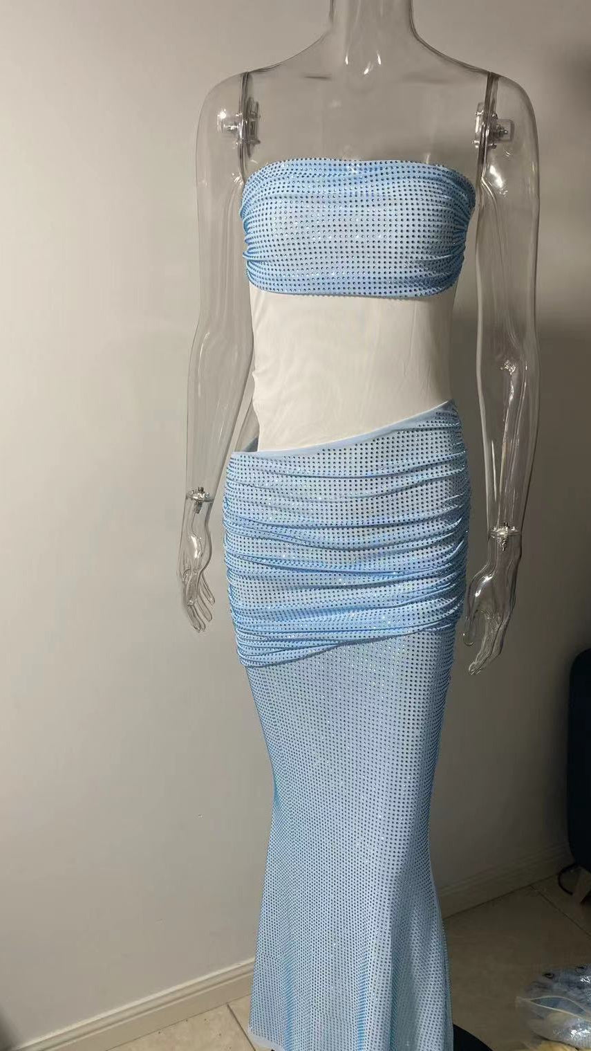Off-Shoulder Rhinestone Scarf Mesh Maxi Dress