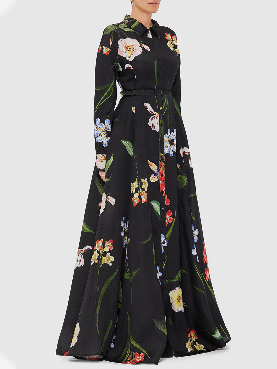 Black Floral Print Shirt Maxi Dress with Slit