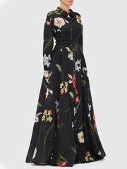 Black Floral Print Shirt Maxi Dress with Slit