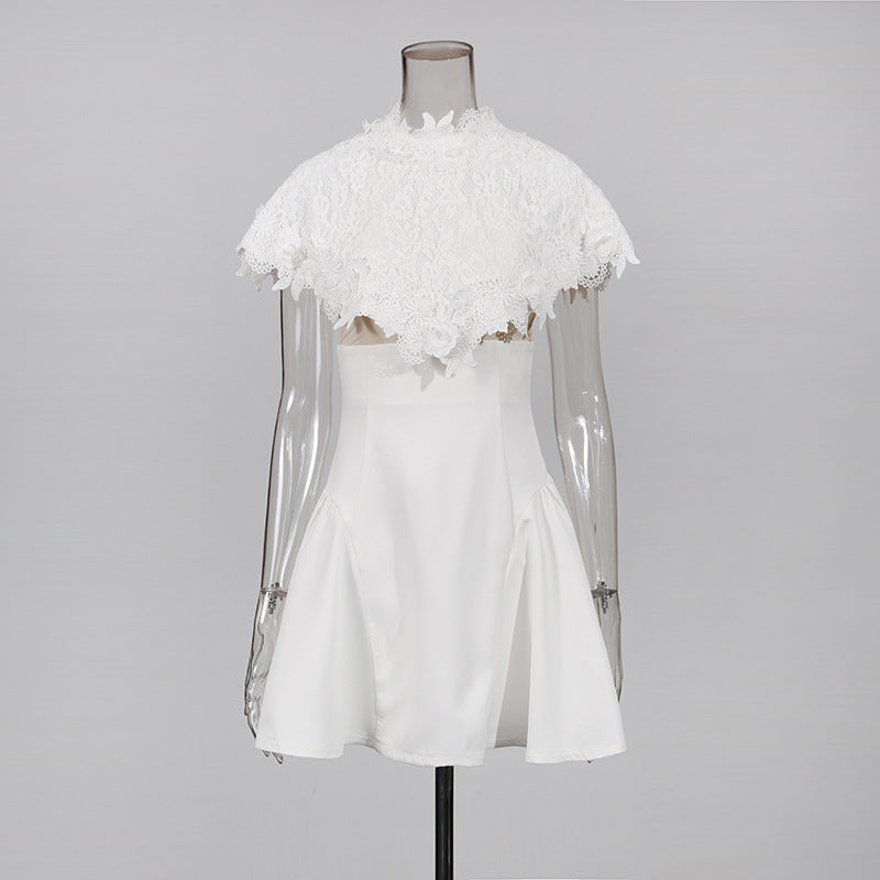 White Mini Dress with Embroidered Lace Cape