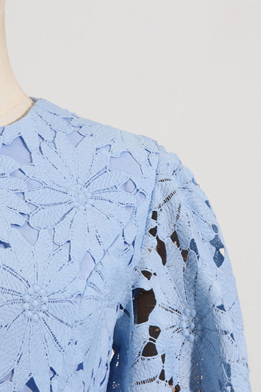 Lace Embroidered Top & Maxi Skirt Two-Piece Set in Blue