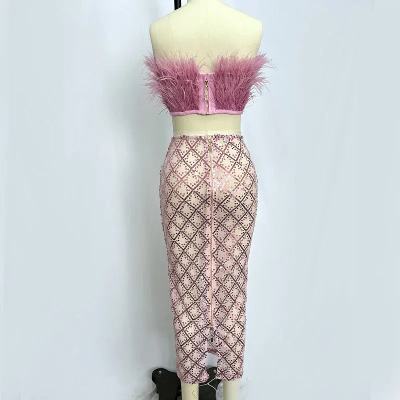 Pink Feather Top Sequin Midi Skirt Set