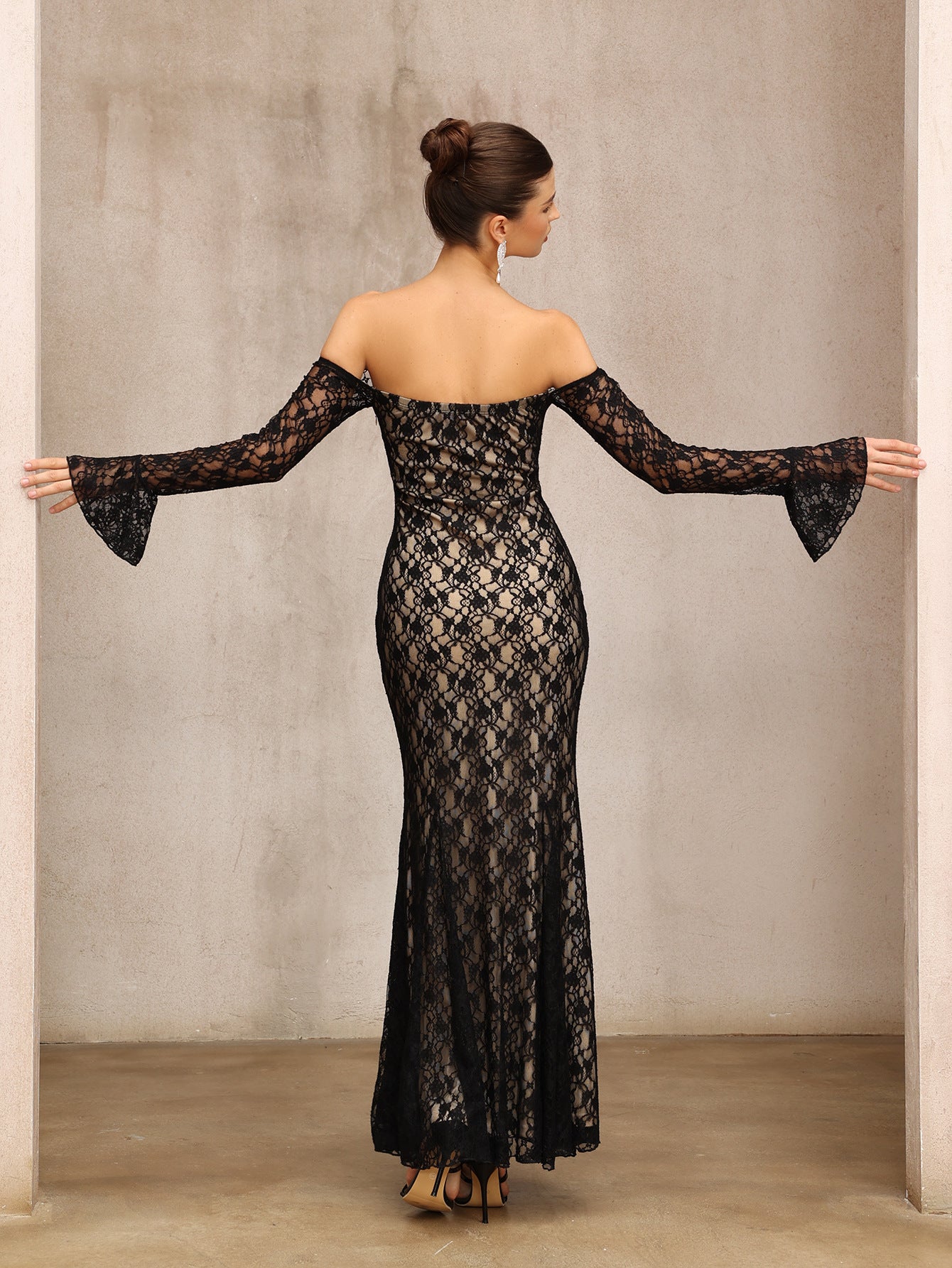 One-Shoulder Lace Long Sleeves Maxi Dress in Black
