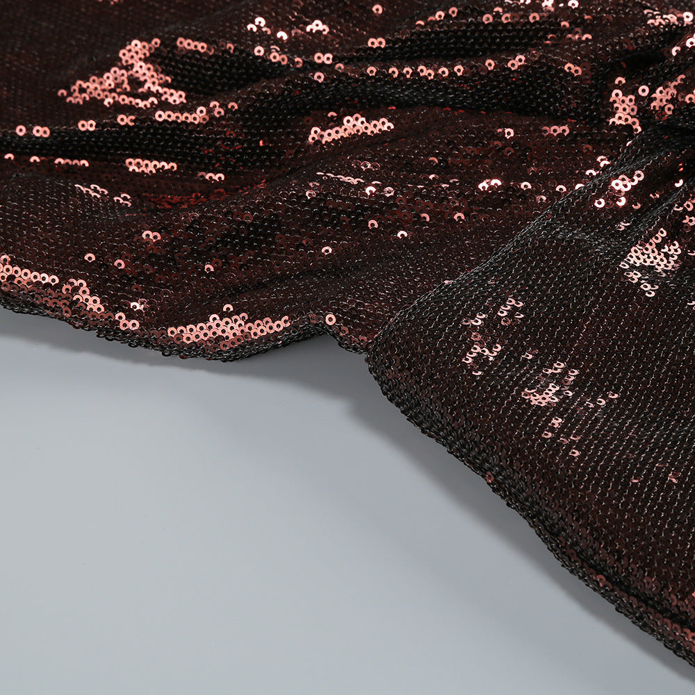 Brown Sequin Deep V High Waist Jumpsuit