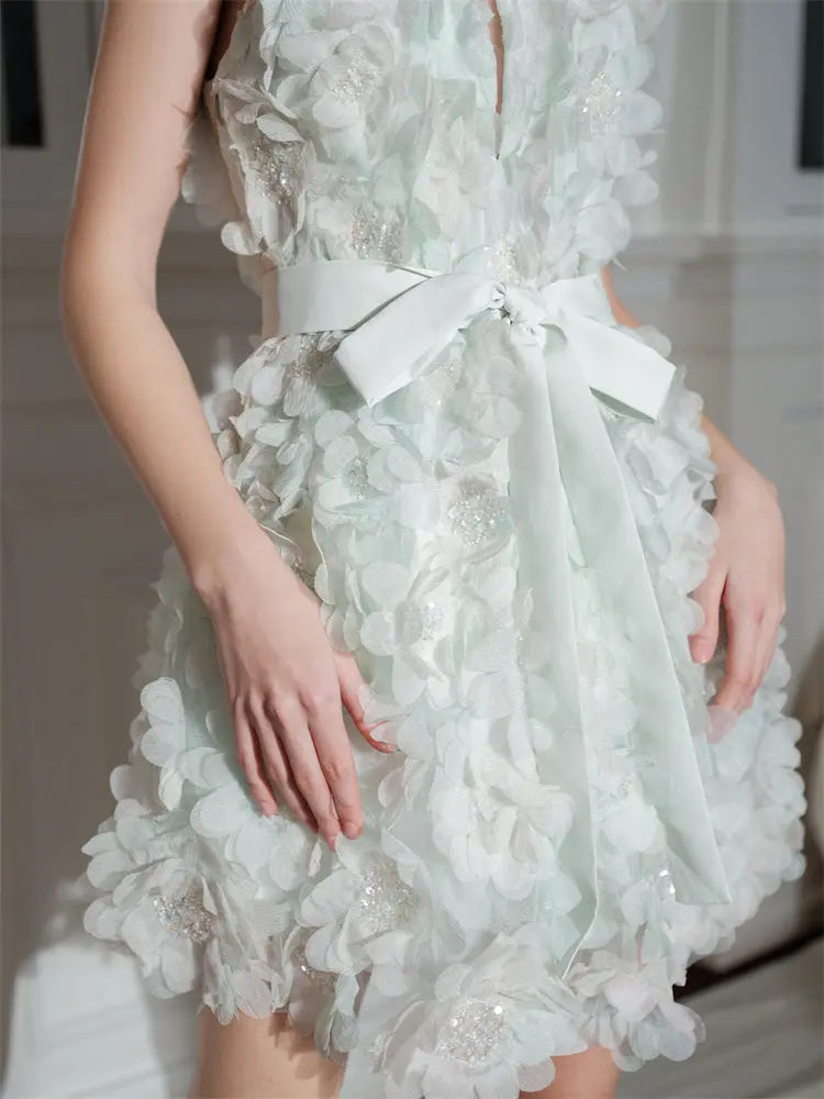 Green Ribbon Floral Wedding Guest Bridal Dress
