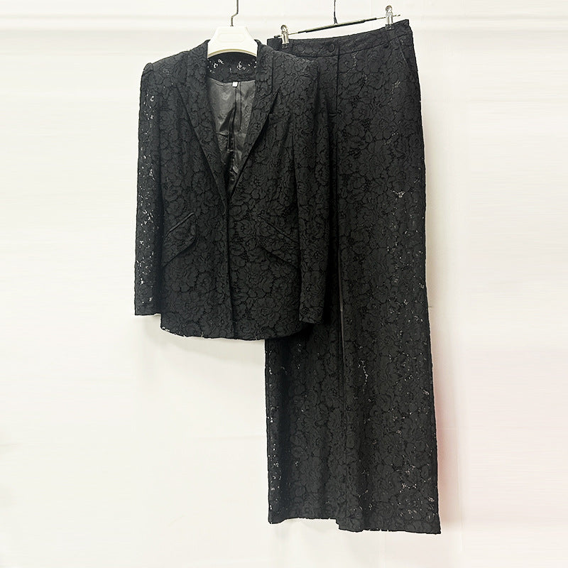 V-Neck Lace Blazer Set in Black