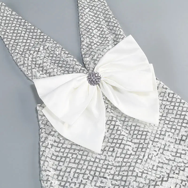 Sequin Embellished V Neck Maxi Dress in Silver