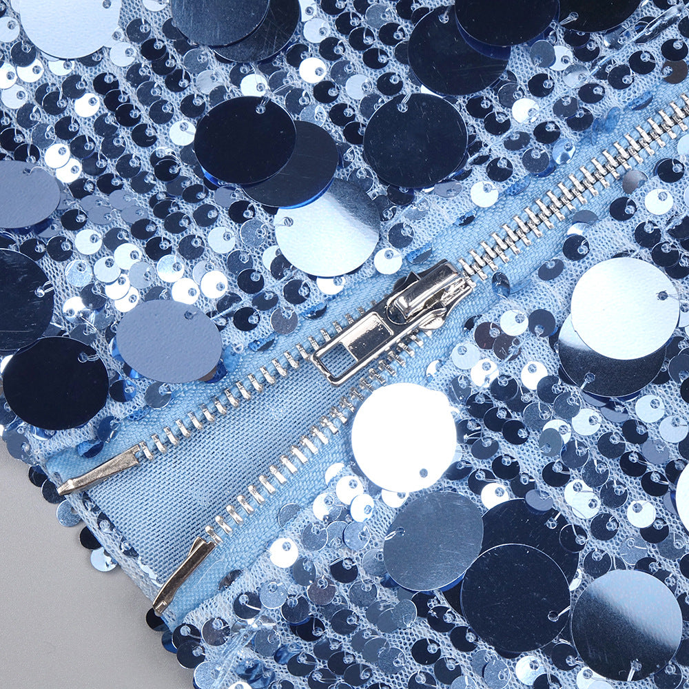 Deep V-Neck Sequin Column Gown in Blue