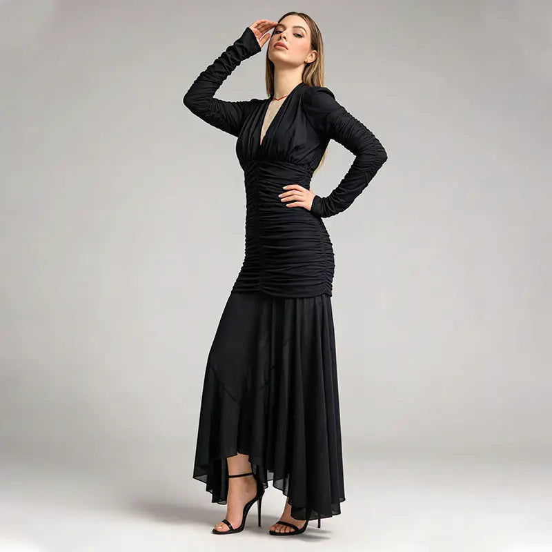 V-Neck Ruched Long-Sleeve Maxi Dress in Black