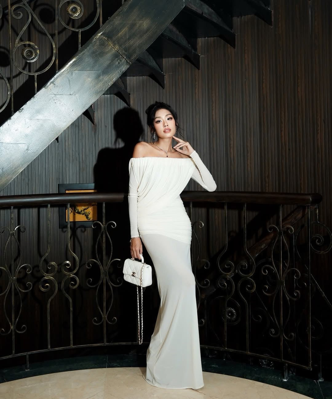 Cara Off-Shoulder Long Sleeve Mesh Maxi Dress in White