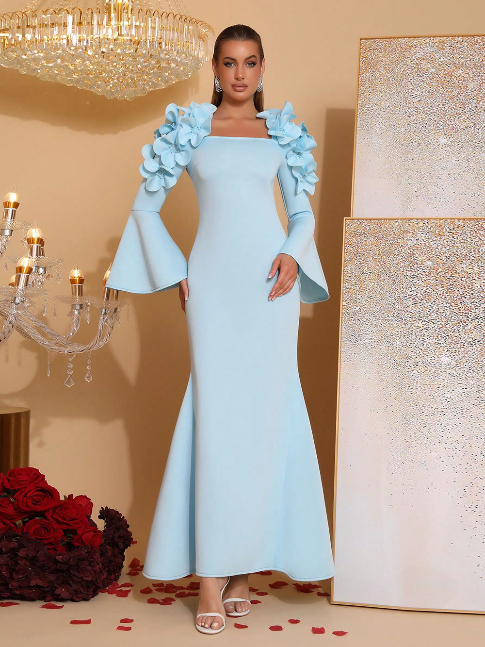 3D Flower Long Sleeve Bodycon Maxi Dress in Blue