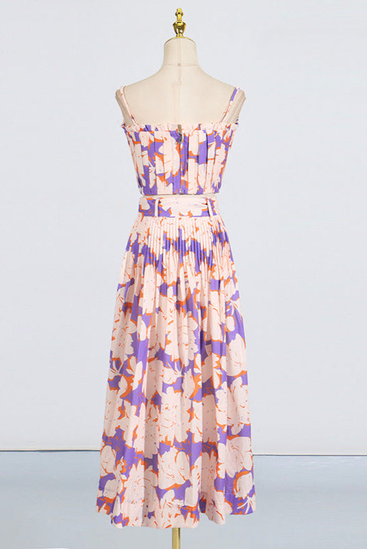 Floral-Print Linen Bustier Top Skirt Set in Blue
