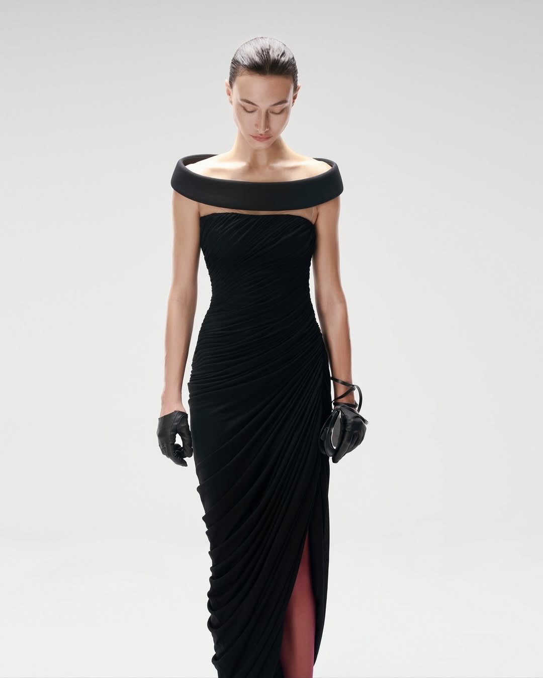Black Off-shoulder Asymmetrical-High Maxi Dress