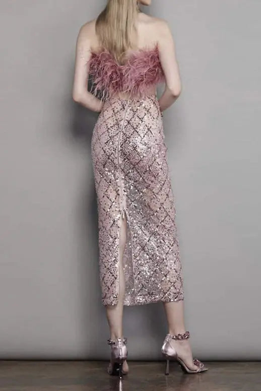Pink Feather Top Sequin Midi Skirt Set
