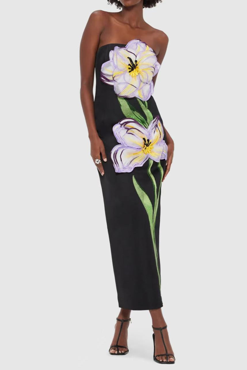 Floral Bustier Maxi Dress in Black