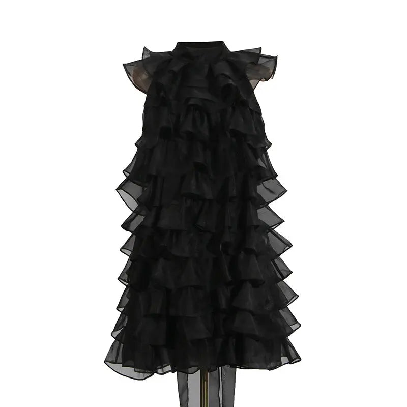 Ruffle Silk Organza Sleeveless Mini Dress in Black