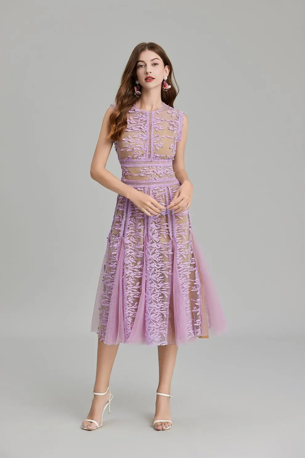 3D Embroidered Lace Mesh Midi Dress in Purple