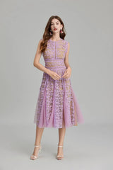 3D Embroidered Lace Mesh Midi Dress in Purple