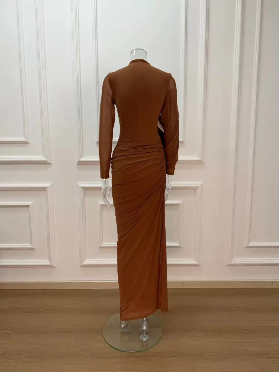 High Neck Drape Ruched Maxi Dress in Brown