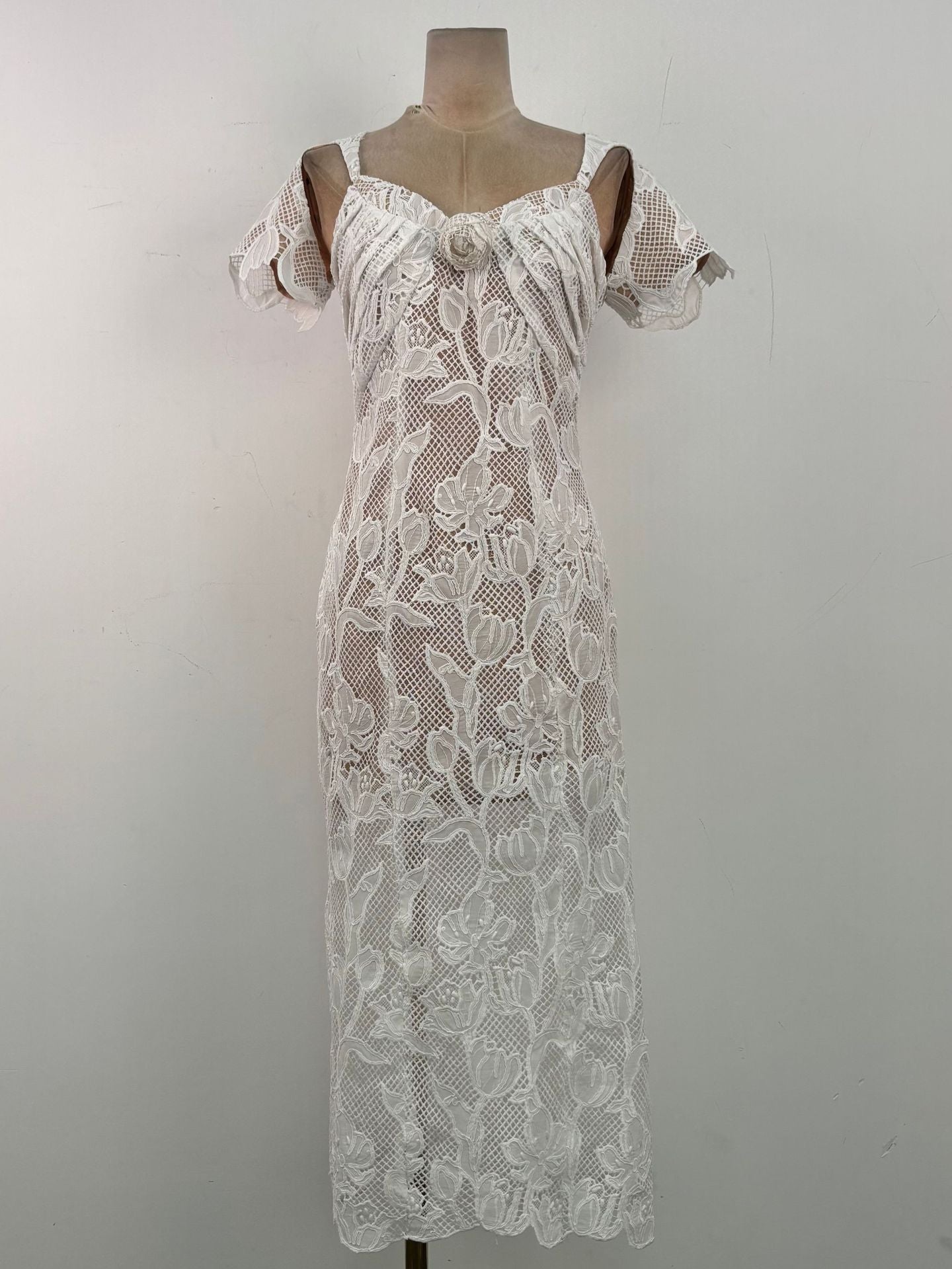Floral Hollow Lace Midi Dress - White