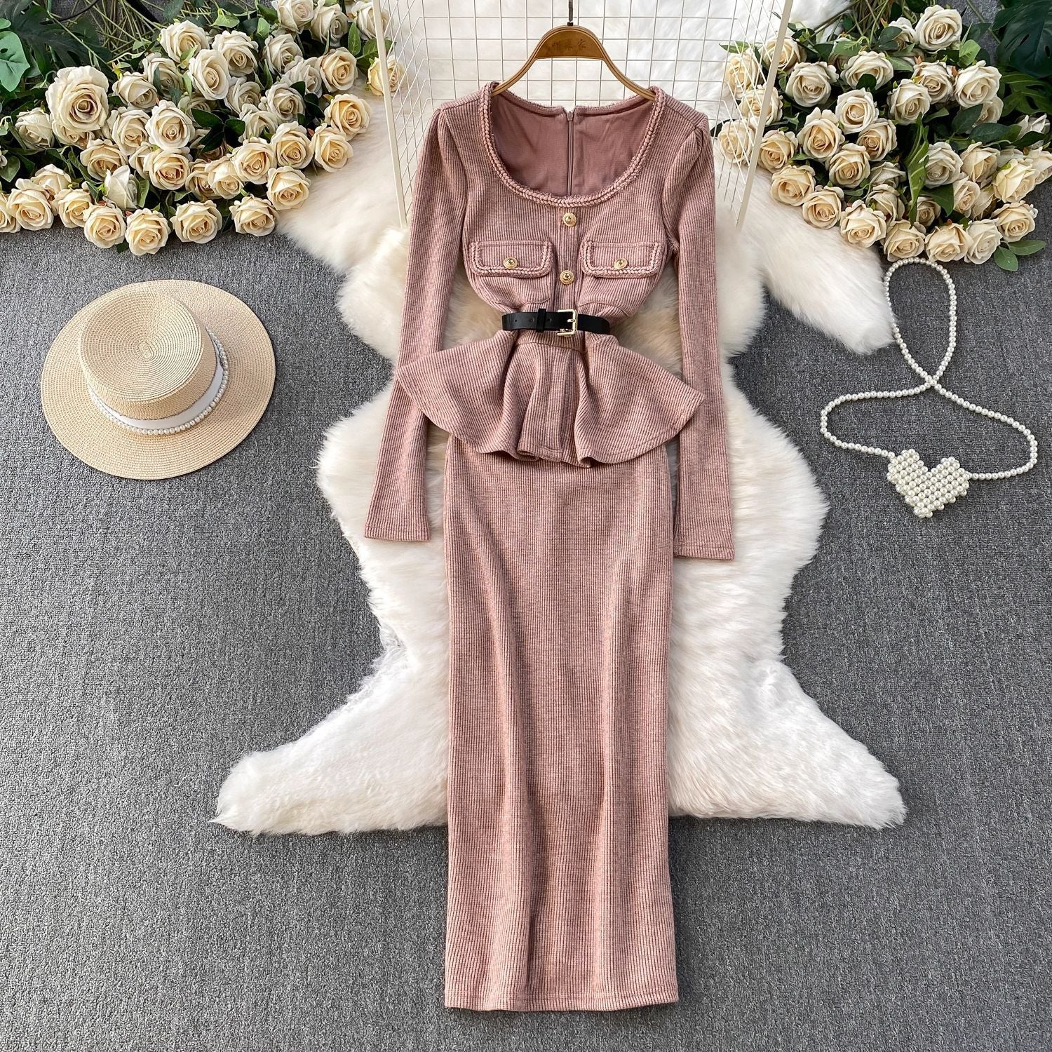 U Neck Long Sleeve Falbala Knit Midi Dress in Pink