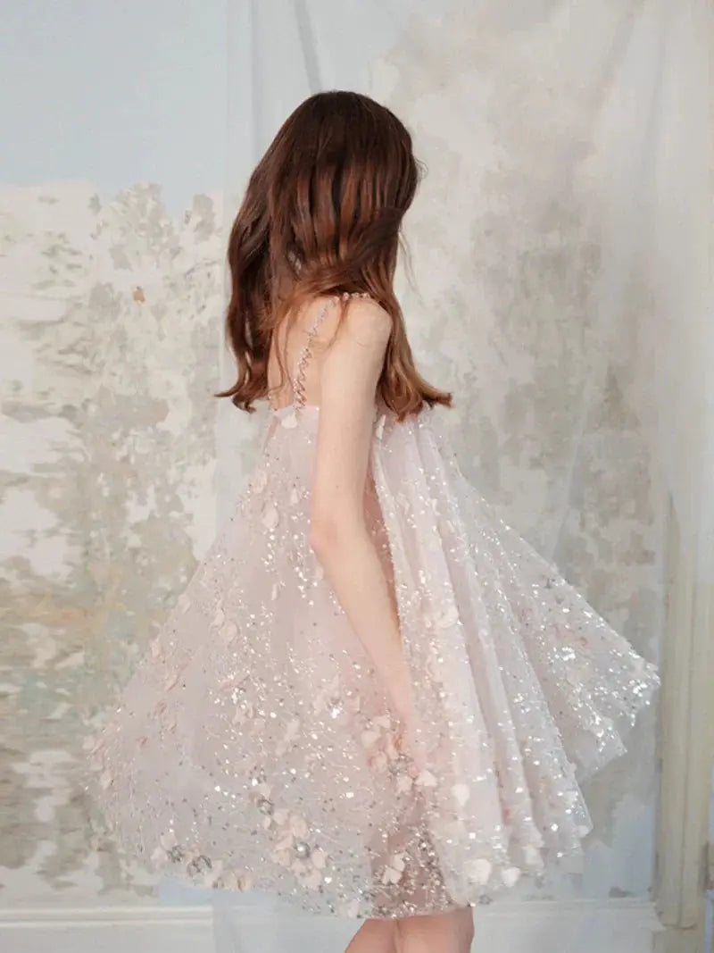 Pink Flower Embroidered Sequin Doll Party Dress