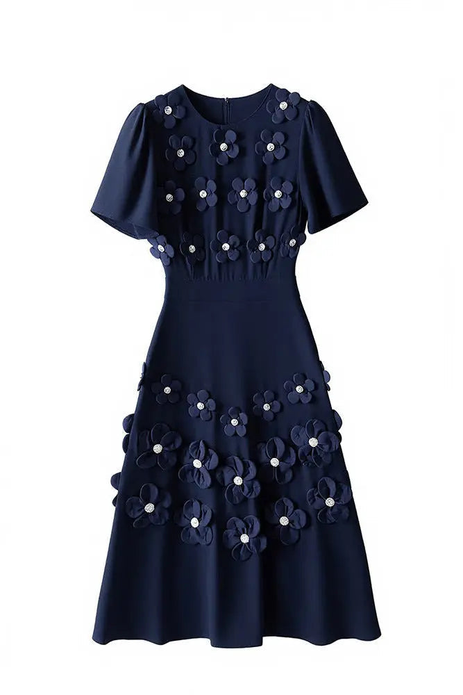 3D Flower Midi Dress in Navy Blue