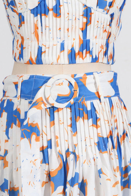 Floral-Print Linen Bustier Top Skirt Set in Blue