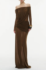 Cara Off-Shoulder Long Sleeve Mesh Maxi Dress in Brown