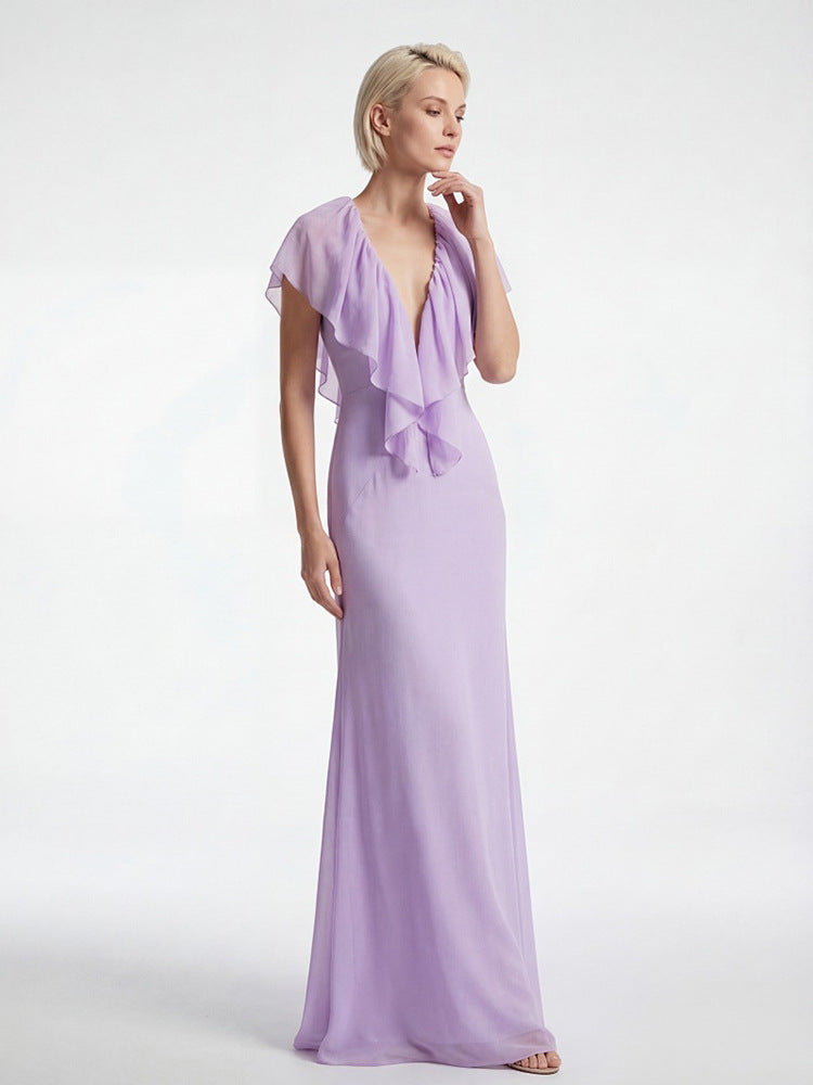 Deep V-Neck Lace Backless Maxi Dress in Purple